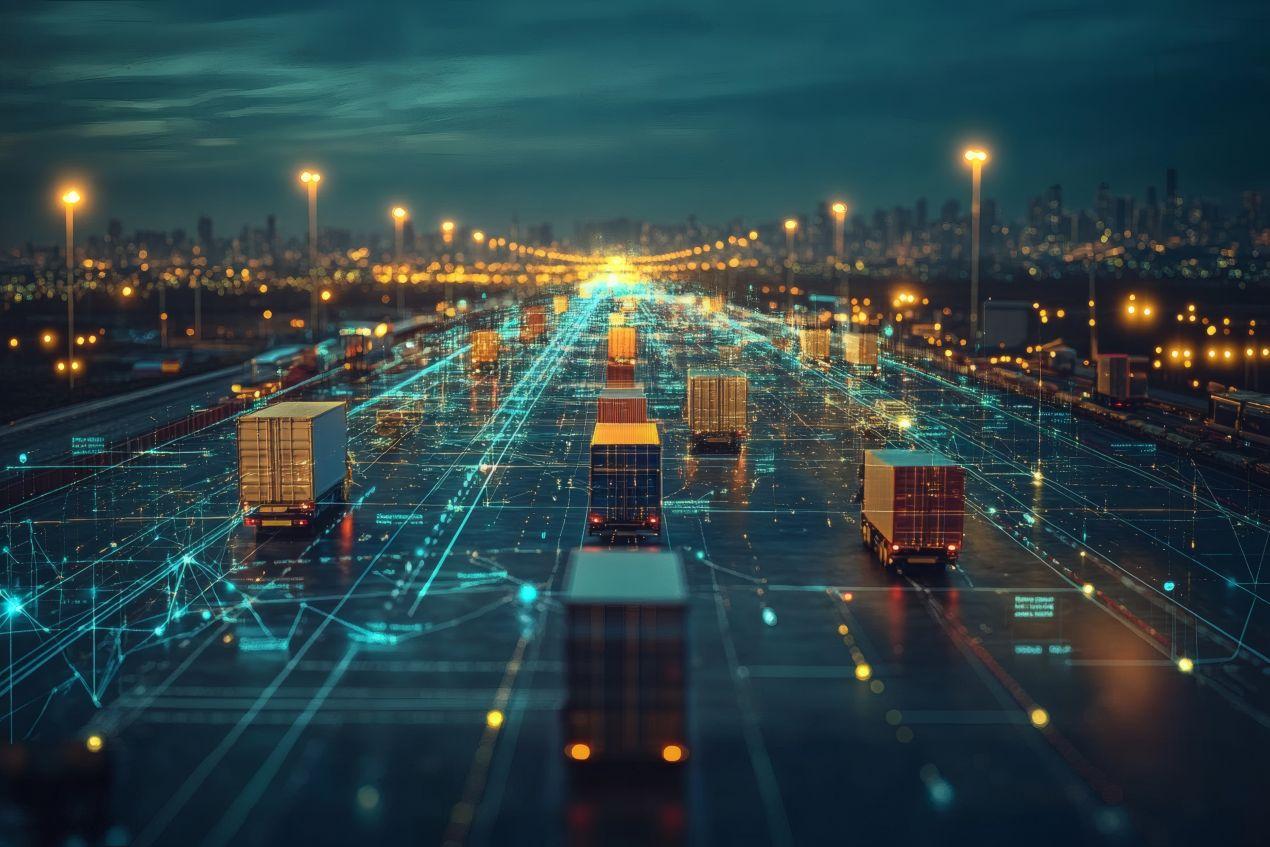 LKWs auf digitaler Autobahn mit Datenvisualisierung als Symbol fuer smarte Spesen App im Transportwesen