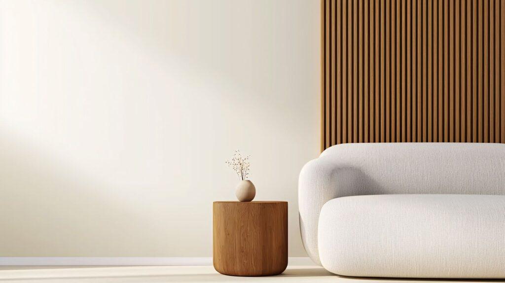 Helles Wohnzimmer mit Holzlamellen an der Wand, Sofaecke und Holzdeko