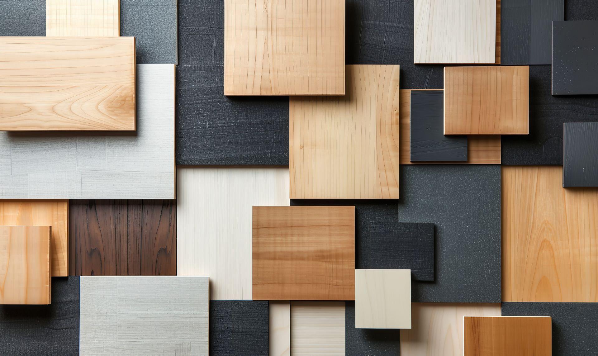 Auswahl unterschiedlicher Holz- und Akustikmaterialien in modernen Farbtönen