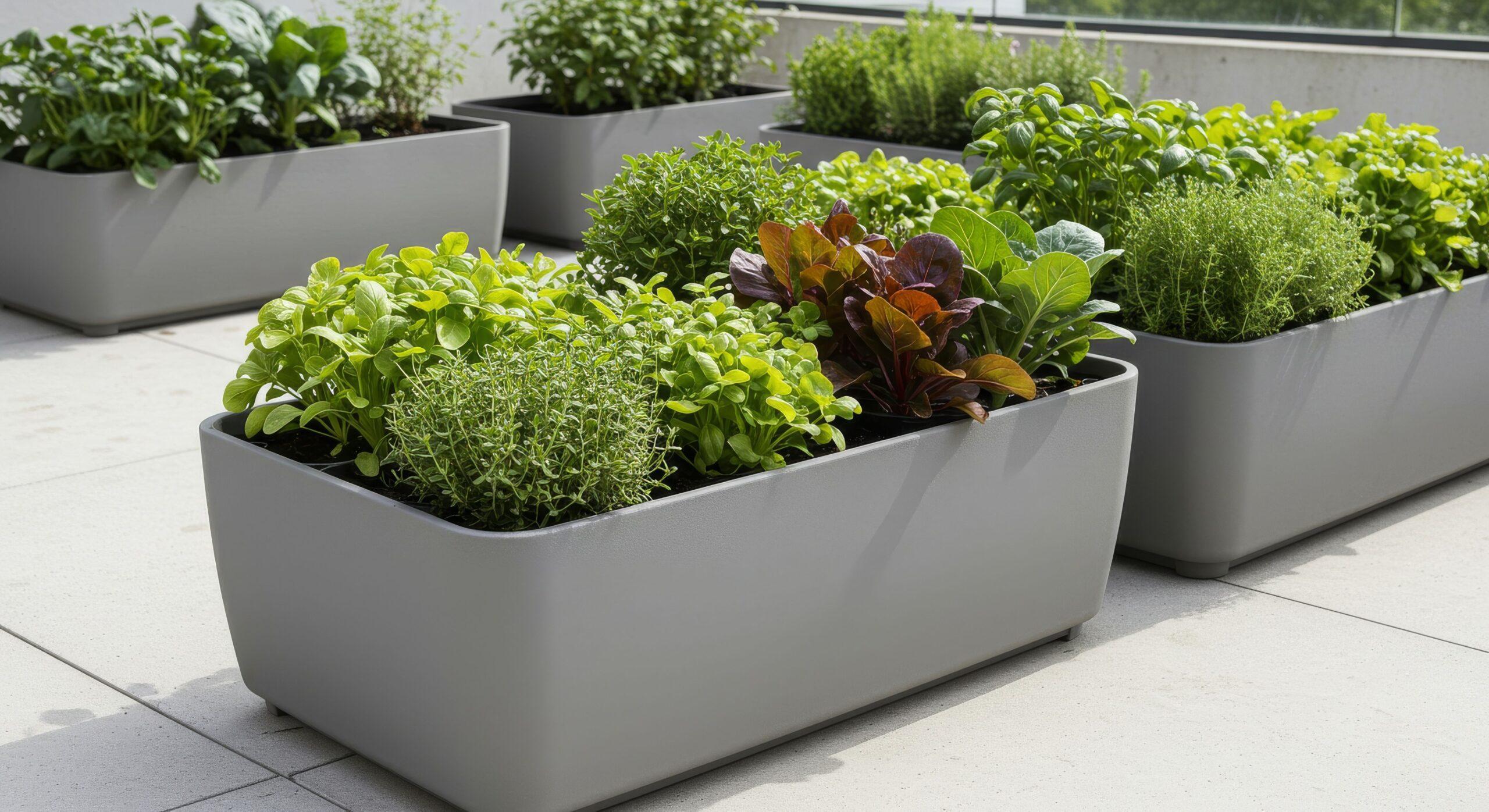 Hochbeete aus Kunststoff mit Kräutern und Gemüse auf heller Terrassenfläche