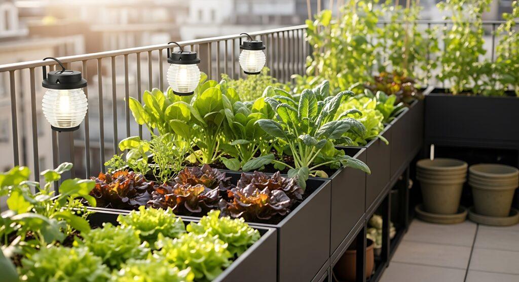 Hochbeet auf dem Balkon mit Gemüse, Kräutern und stimmungsvoller Beleuchtung