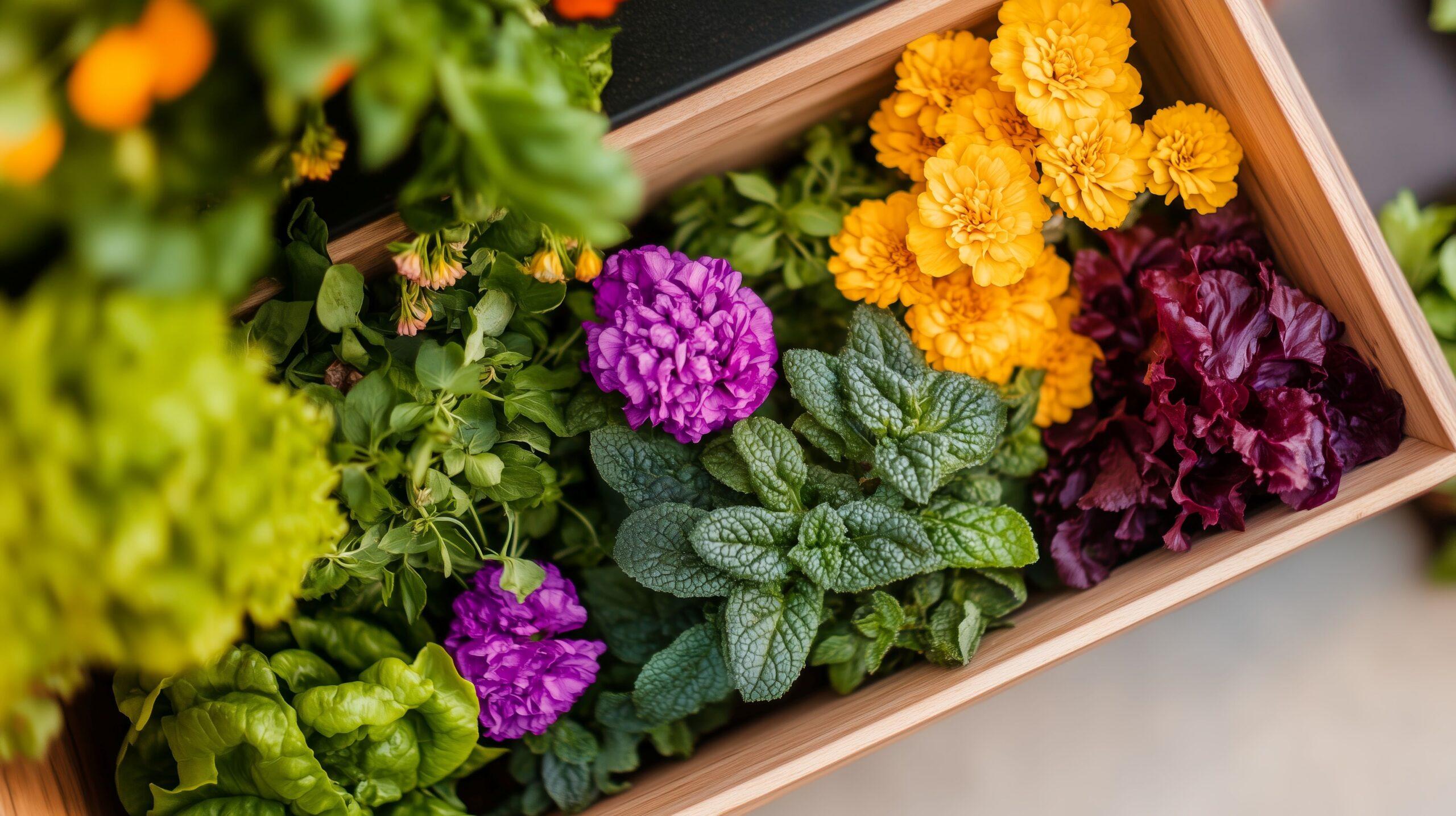 Kompaktes Hochbeet aus Holz mit Blattsalat, Kräutern und farbenfrohen Blüten