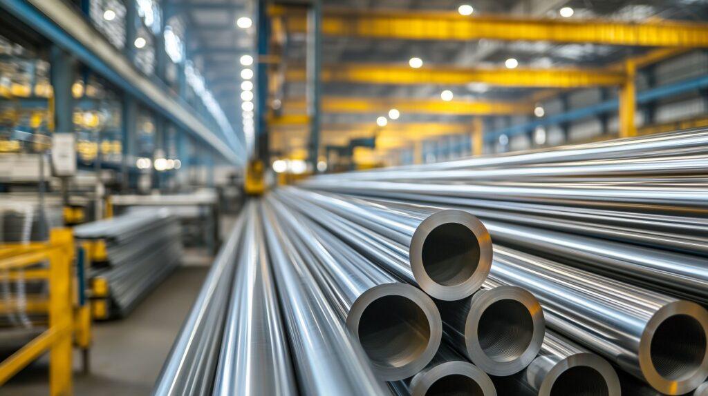 Glänzende Metallrohre in strukturierter Fertigungshalle – steht für optimierte industrielle Abläufe und Produktqualität