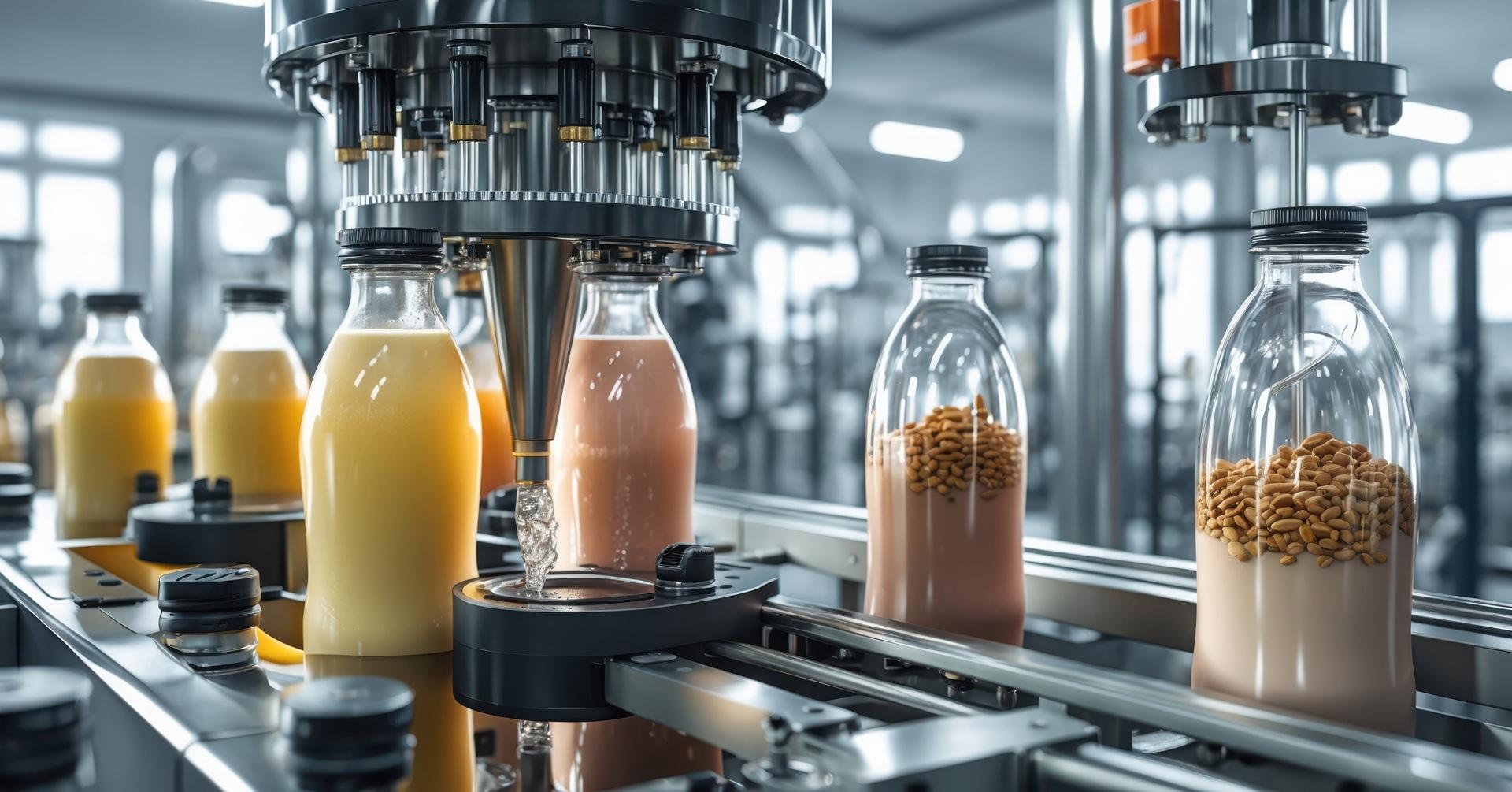 Abfuellanlage fuellt Saftflaschen in Lebensmittelproduktion | Lebensmittelschlauch