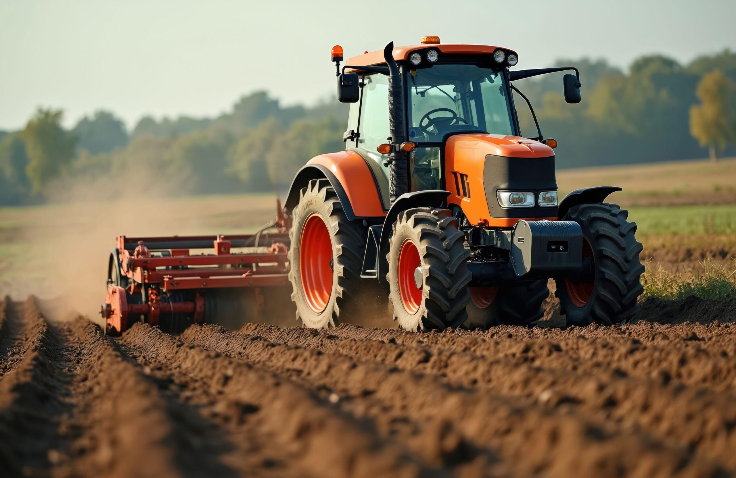 Oranger Traktor, der das Feld mit einem Rototiller bearbeitet. Moderne Agrarmaschine, die Farmland pflügt und den Boden für die Aussaat und Pflanzung vorbereitet.