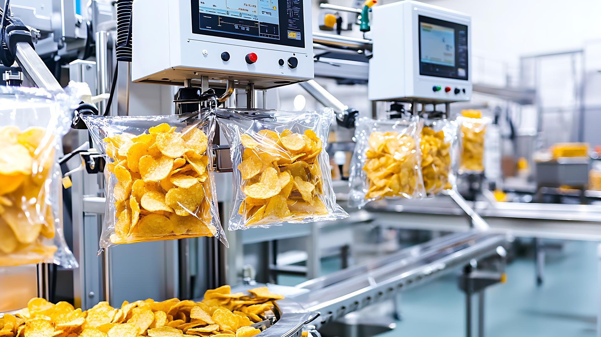Snackverpackungsanlage füllt Chipsbeutel in Fabrik | Lebensmittelschlauch