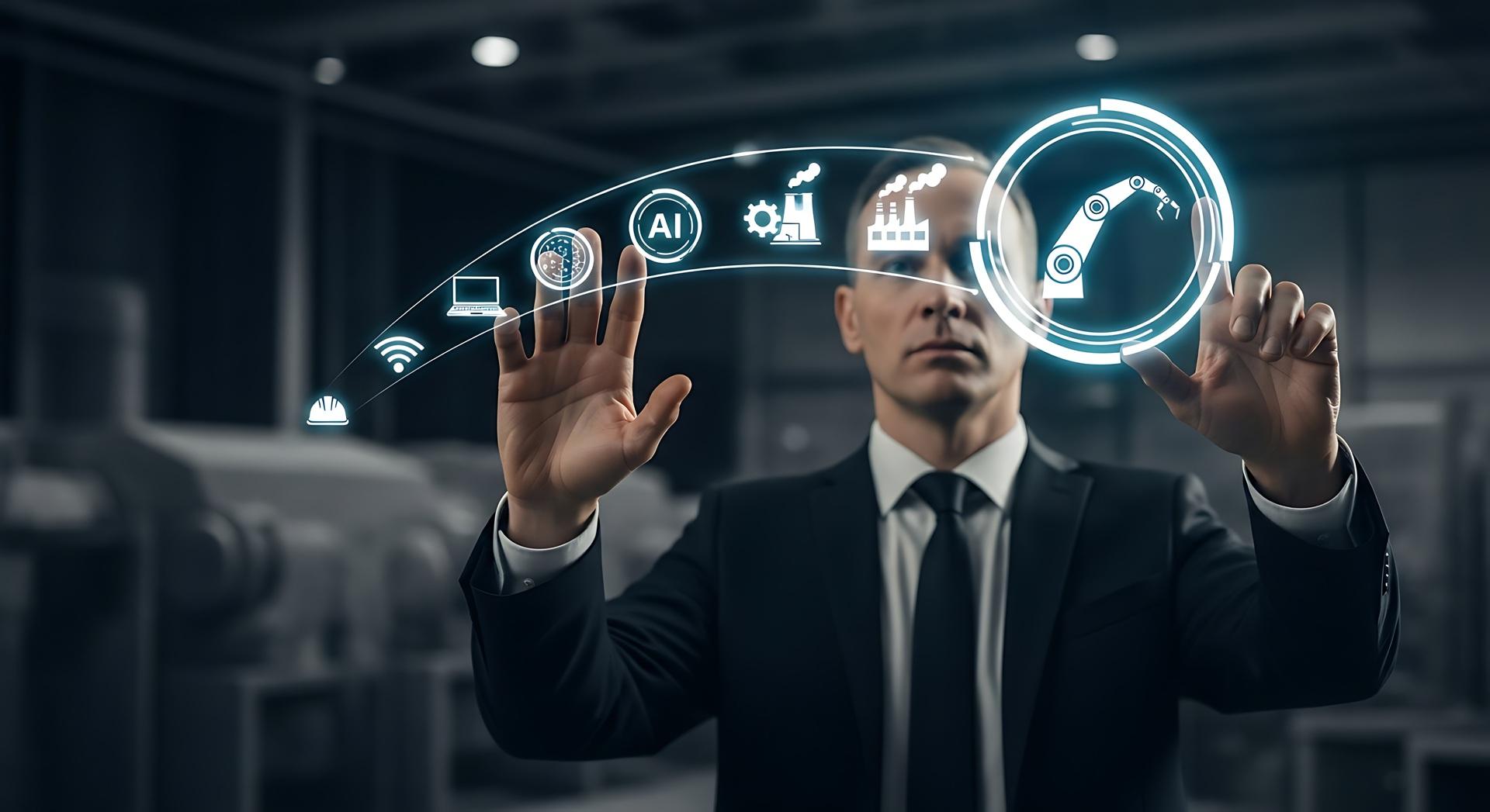 Mann steuert digitale Industrie-Symbole mit futuristischer Bedienoberfläche | 3D-Konstruktionssoftware
