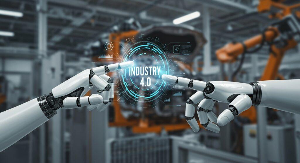 Zwei Roboterhaende beruehren digitales Industrie-4.0-Symbol | 3D-Konstruktionssoftware