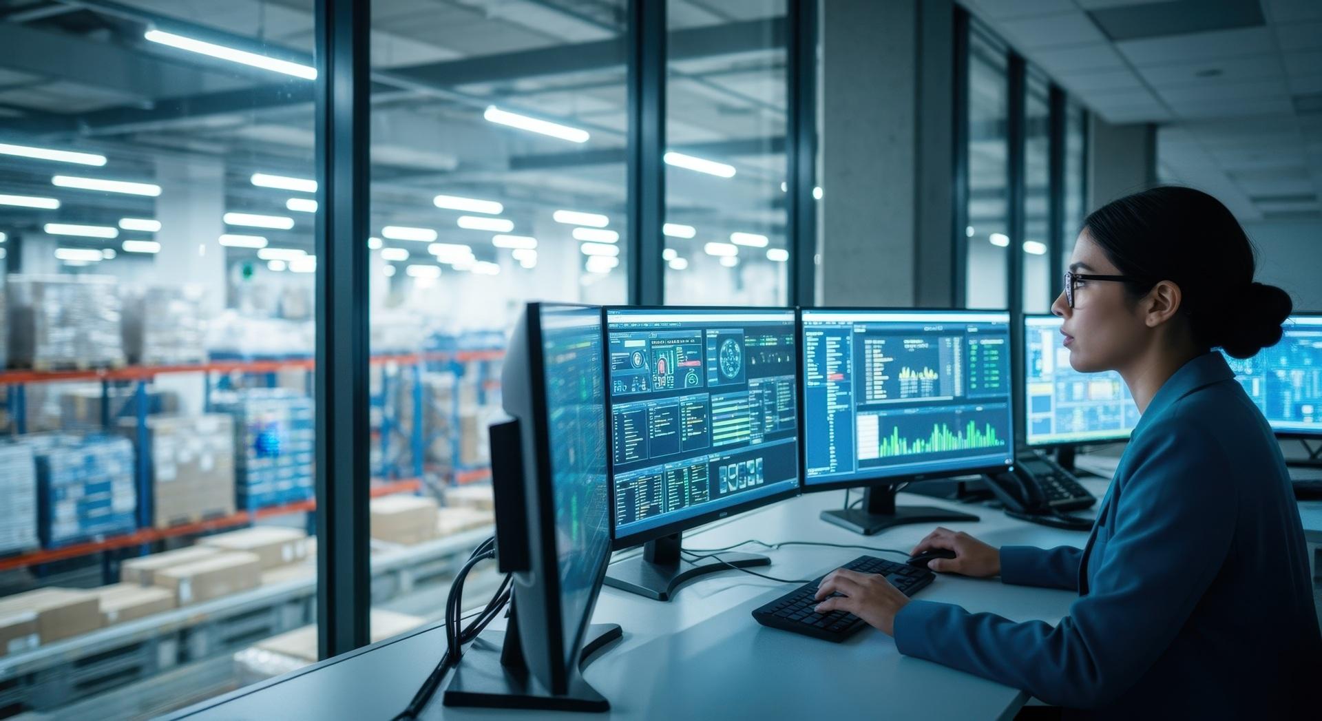 Mitarbeiterin überwacht Logistikdaten am Bildschirm | Kartonaufrichter vollautomatisch