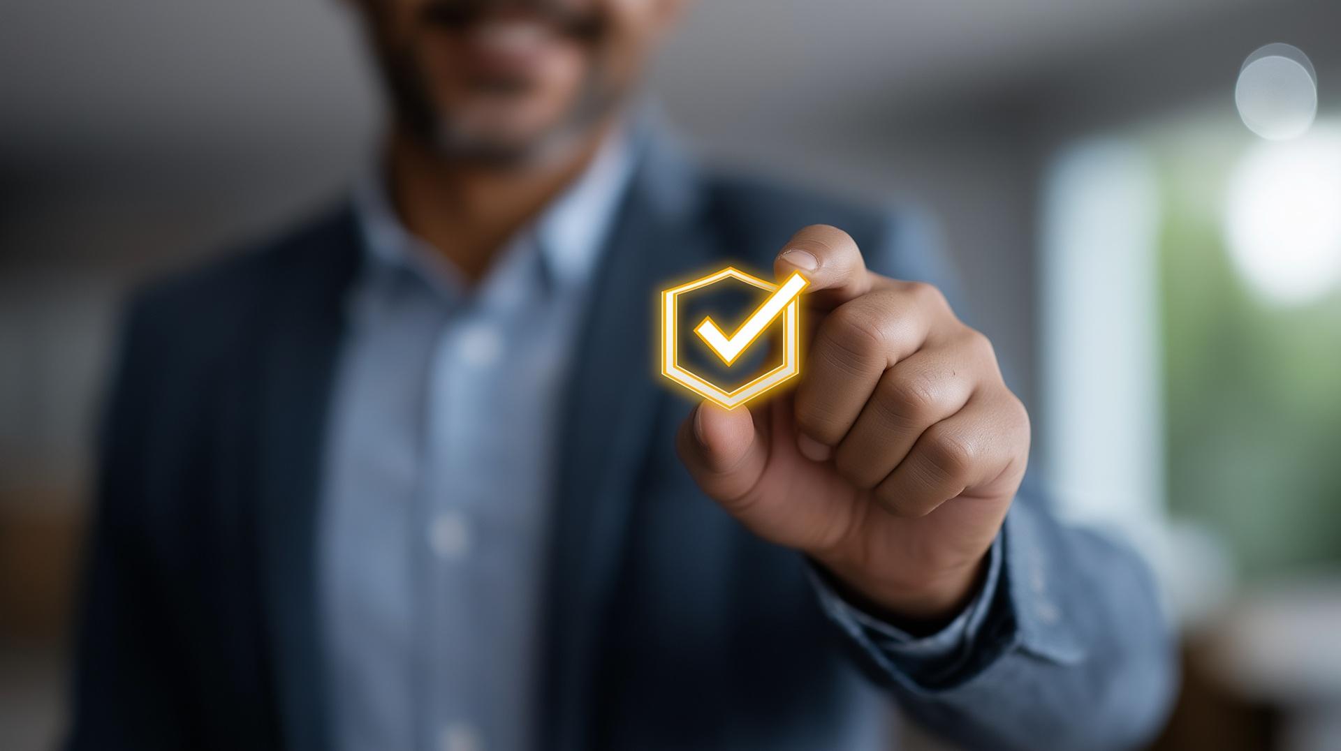 Geschäftsmann hält digitales Qualitätssymbol | FDA Zulassung