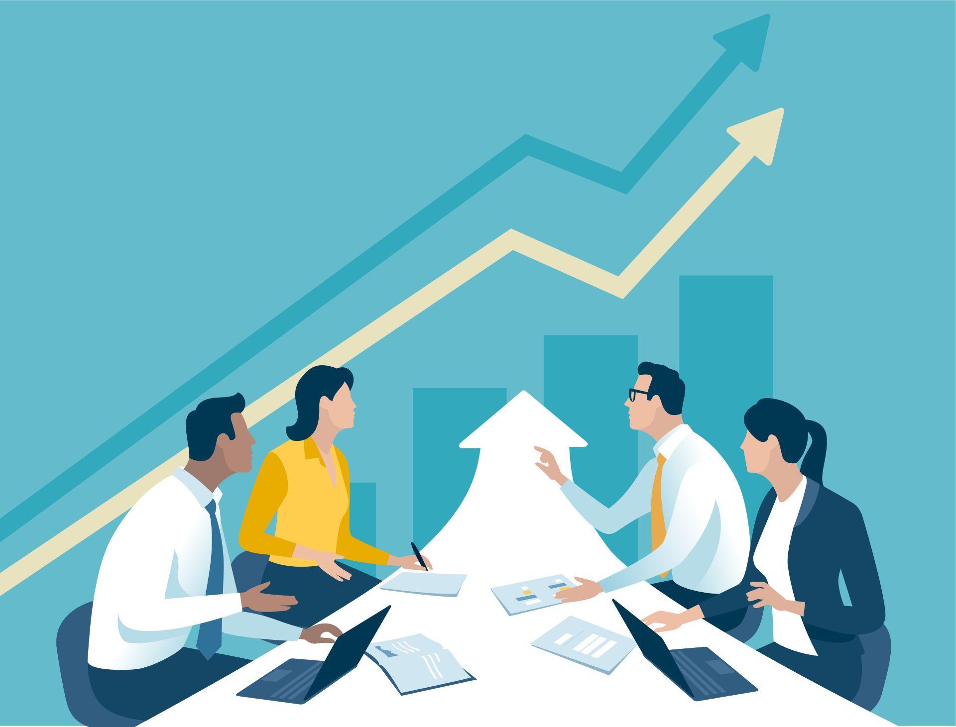 Illustration eines Business Teams im Meeting vor steigenden Wachstumslinien als Symbol fuer strukturierte Entscheidungsprozesse mit advanced planning and scheduling