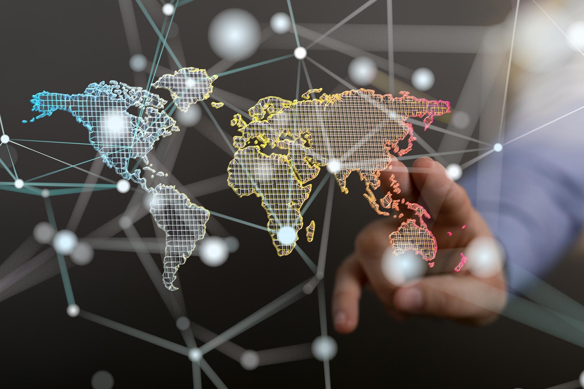Virtuelle Weltkarte mit leuchtenden Netzwerkpunkten | Übersetzungsbüro